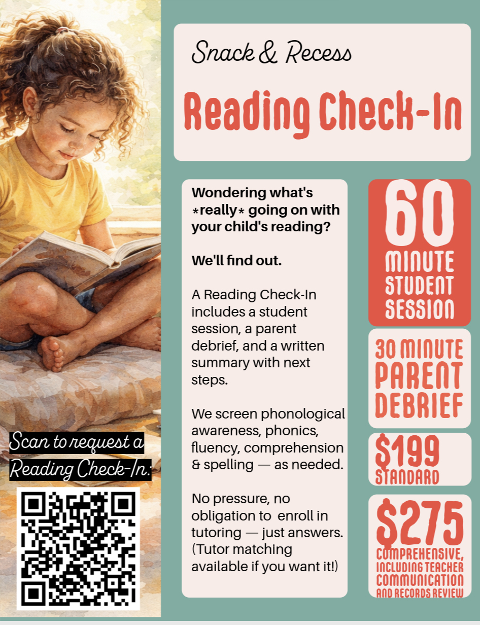 Reading Check In details for a 60 minute session with parent debrief and written summary.