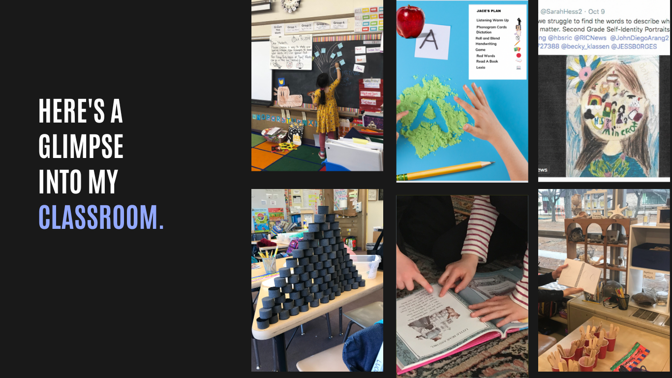 Here's a glimpse into my classroom.  Pictures of students reading, working with science lab artifacts, making for trees, and building.