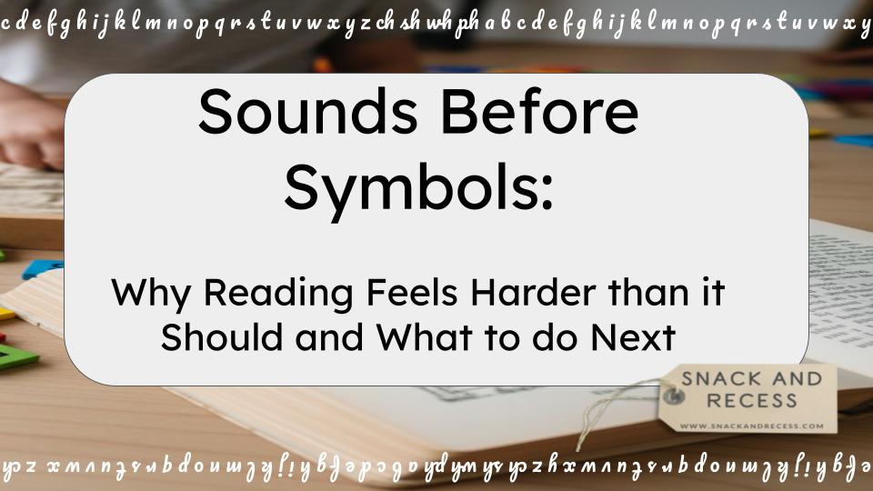 A student is working on early reading skills with hands on toys in the background.  The title of the course, Sounds Before Symbols, is featured prominently. 