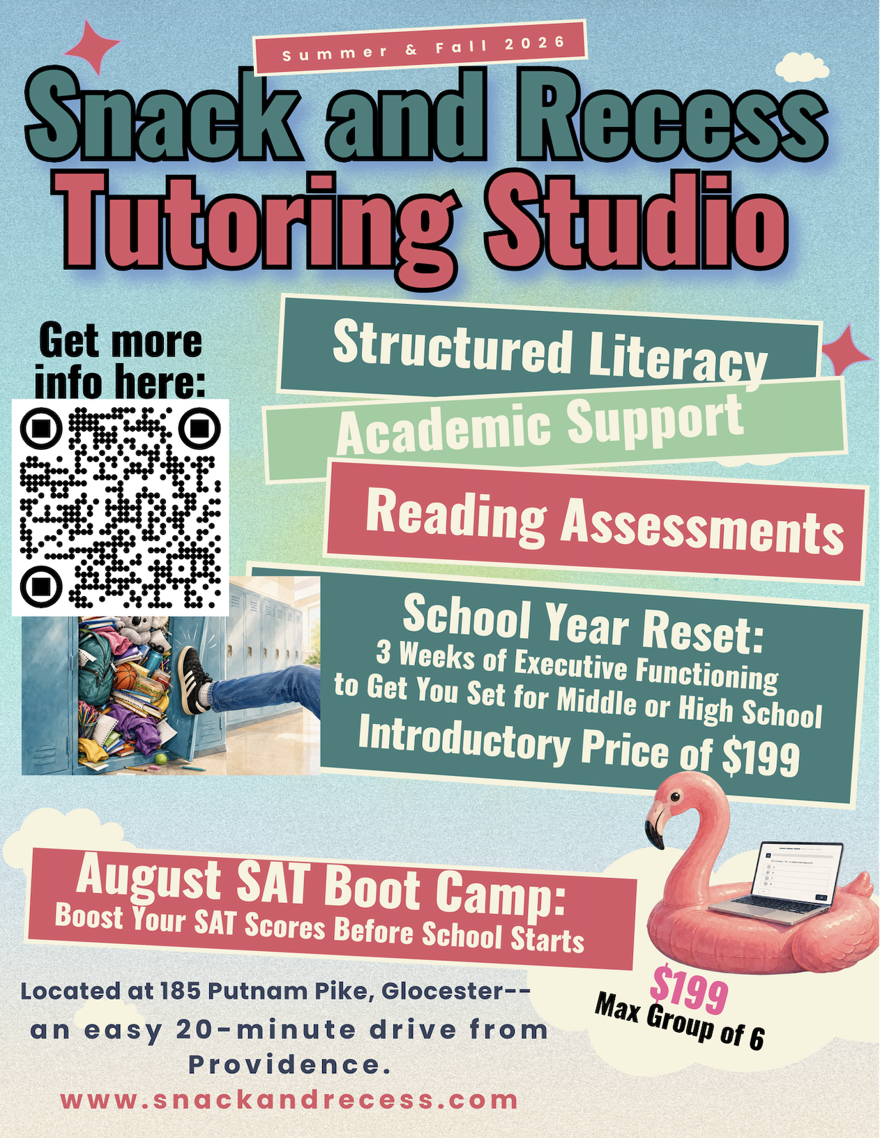 Work With Us through SAT Boot Camp, Reading Tutoring, Academic Support, Reading Assessments, or our School Year reset -- all currently enrolling.