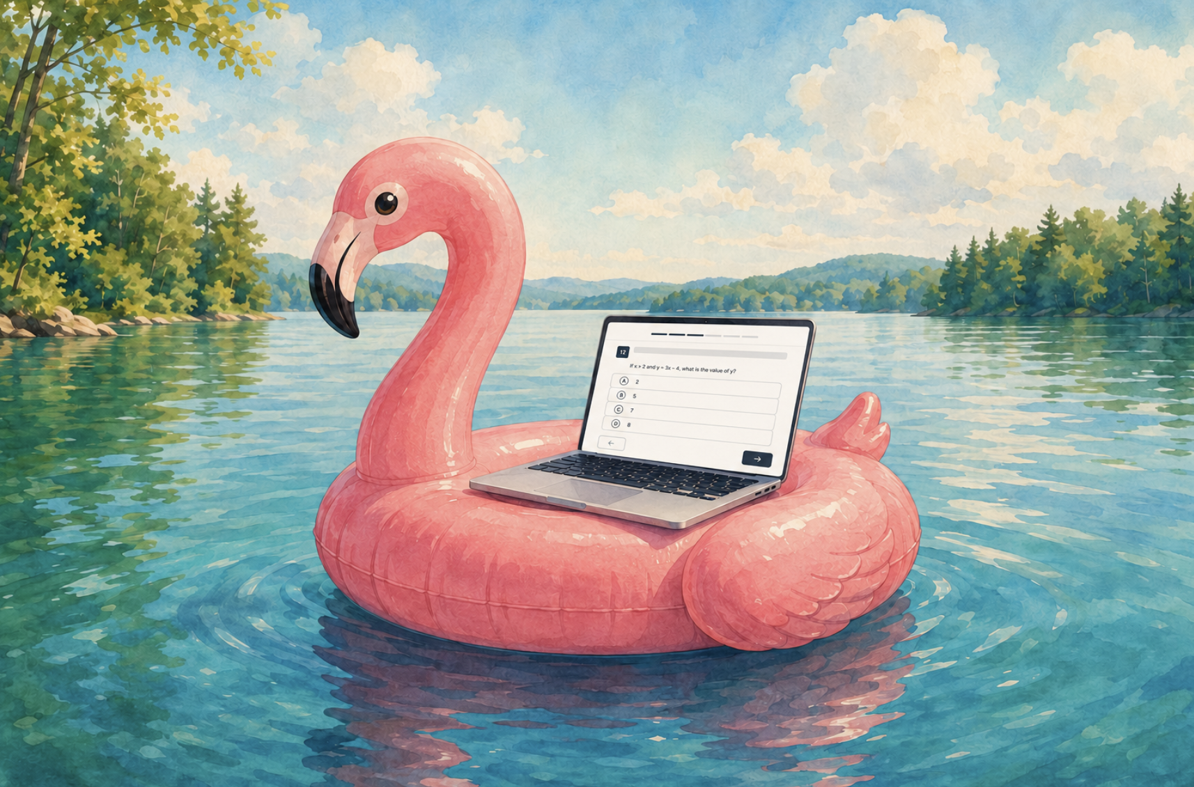 Flamingo on a lake with a laptop.  Laptop is open to SAT practice. 