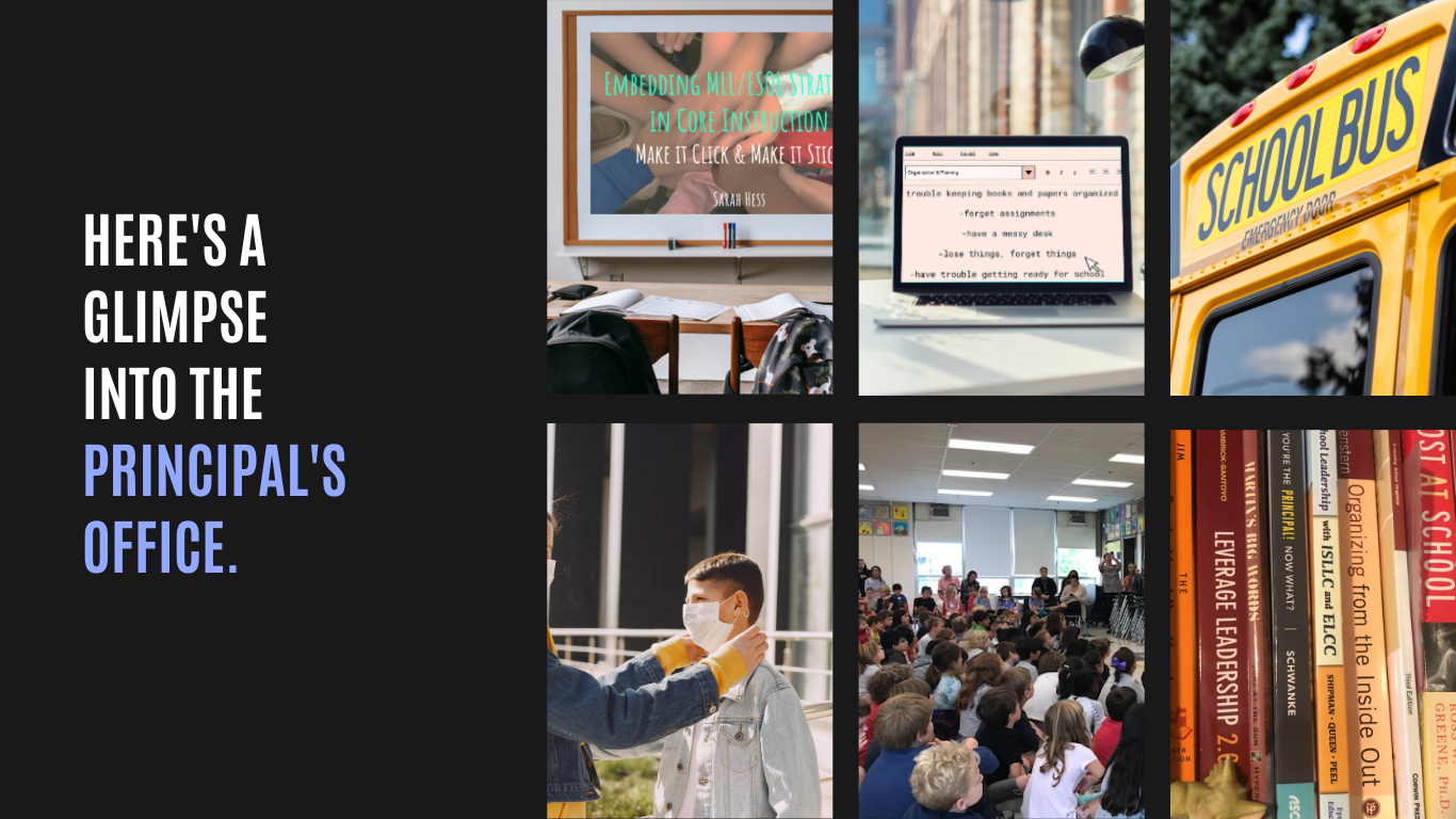 Here's a glimpse into the principal's office.  Pictures of presentations about Embedding MLL Strategies into core instruction, group presentations for students, and shelves of books. 