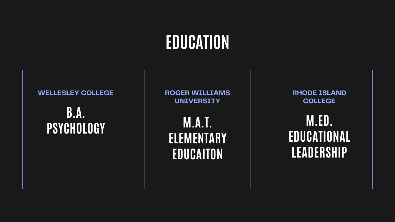 My education includes a BA in psychology from Wellesley College, an MAT in elementary education from Roger Williams University, and an MED in educational leadership from Rhode Island College.